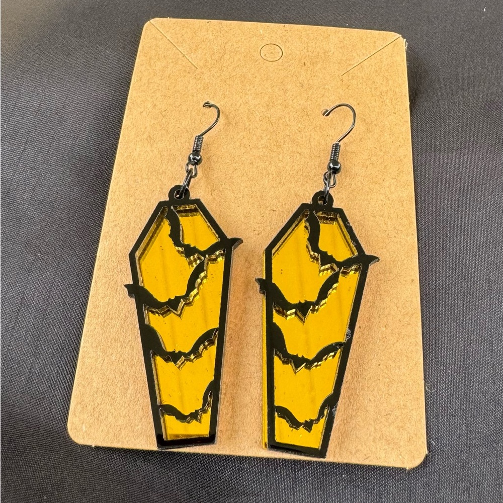 Yellow Coffin Fassion Earrings with Bats